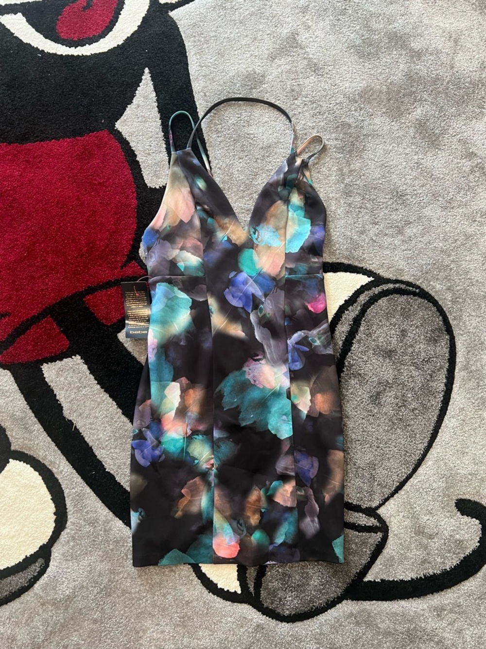 bebe Black Floral-Print Mini Slip Dress with Teal & Purple Accents